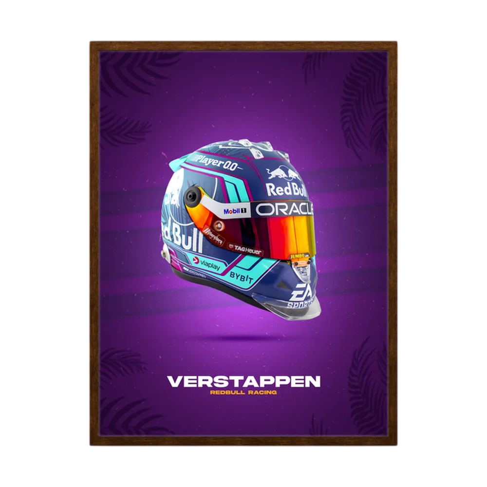 Purple and multicolour Verstappen racing helmet poster on a violet background.