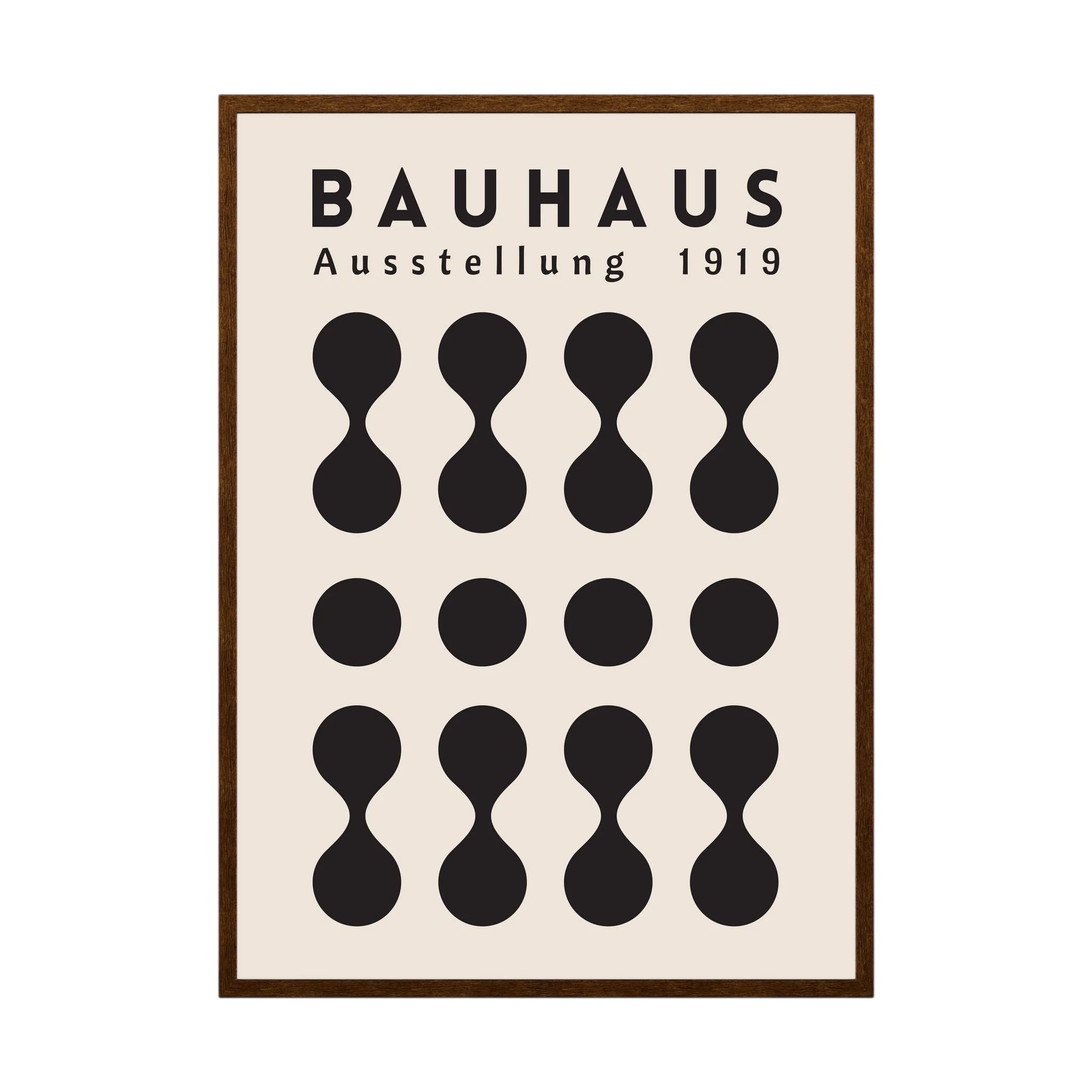 Black Bauhaus poster with repeating circles and hourglass geometric forms on cream.