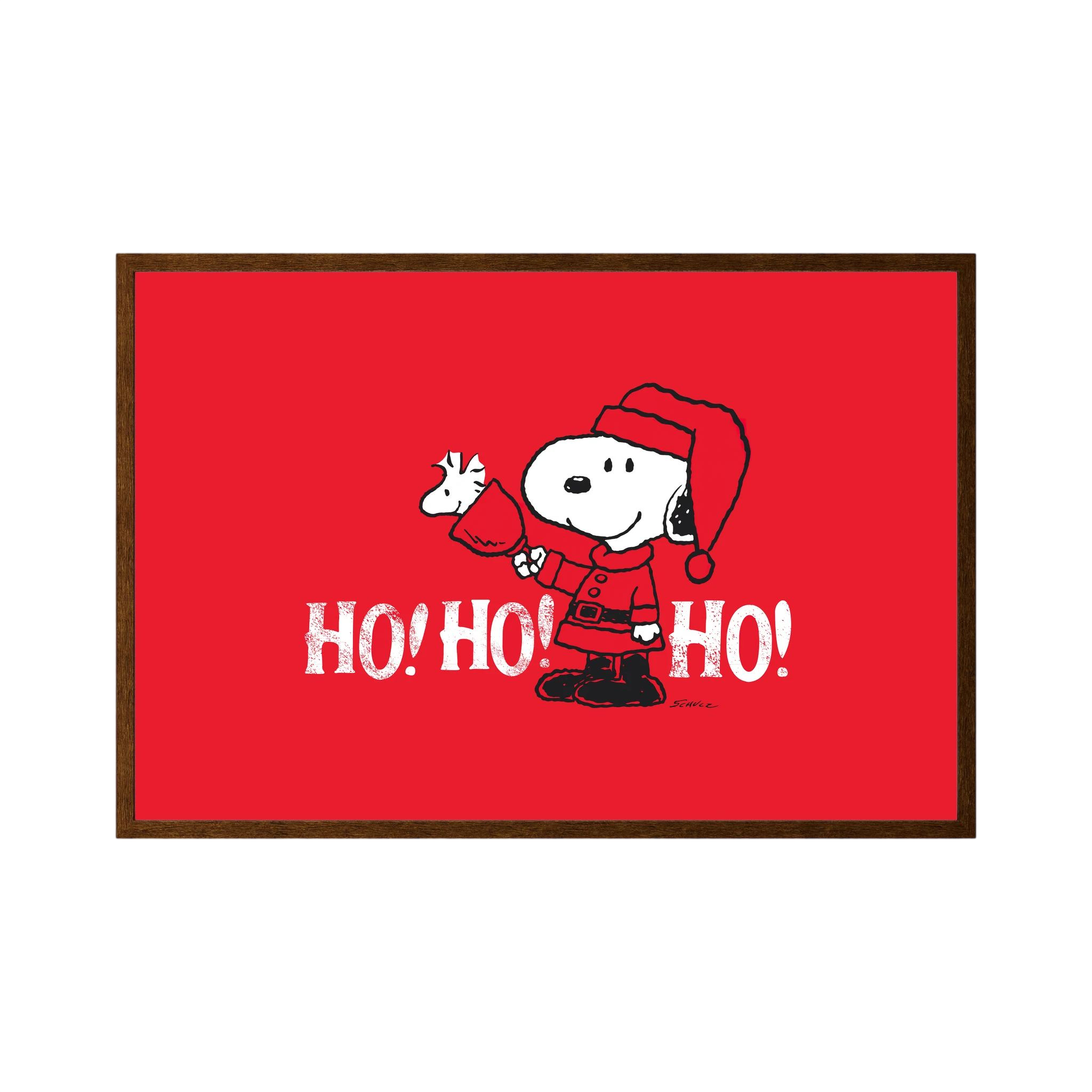 Cartoon beagle in a Santa outfit holds a small bird above distressed white ho ho ho lettering on red.