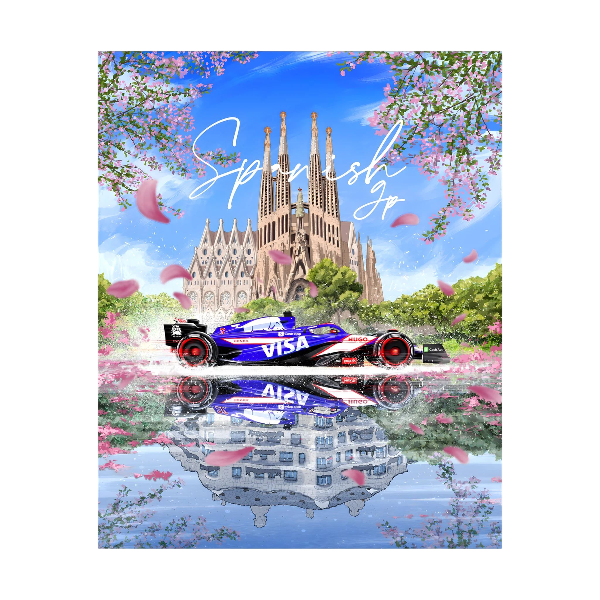 Formula One car before Barcelona's Sagrada Família with pink blossom and mirrored water.