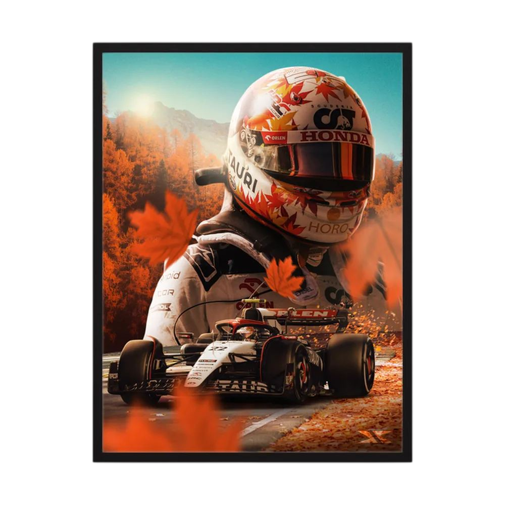 Helmeted Formula One driver and racing car surrounded by orange autumn colour.