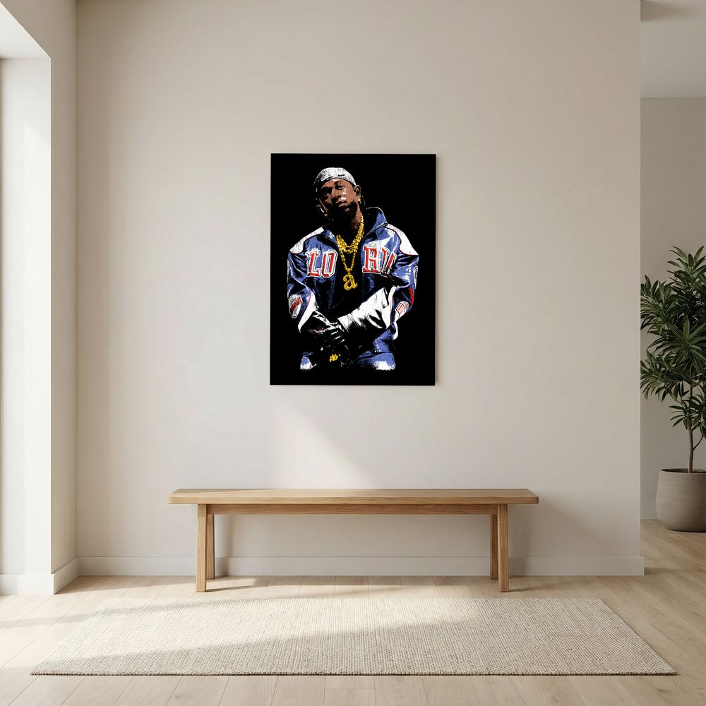 Alternative size view of black hip-hop portrait with blue, white, red and gold details, shown unframed.