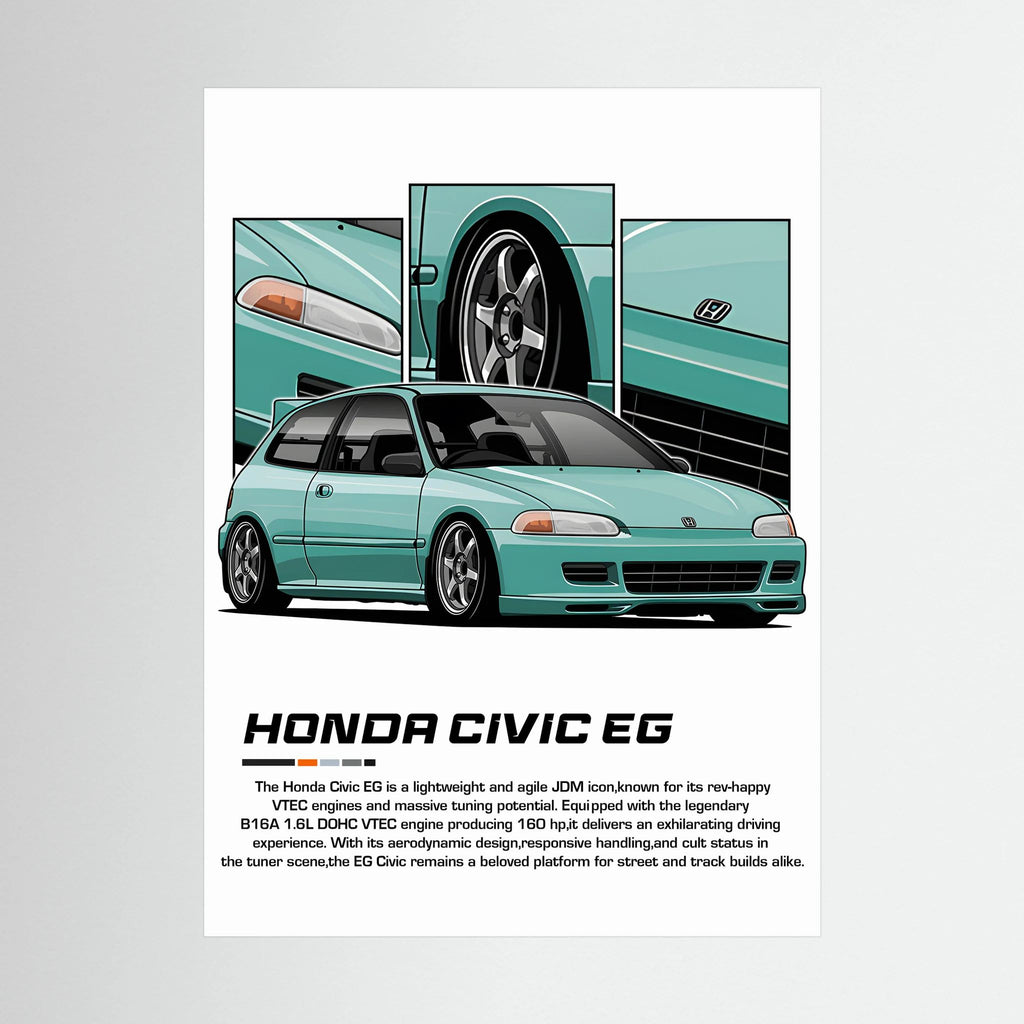 Mint green Honda Civic EG illustration with close-up wheel, headlight and body panels.