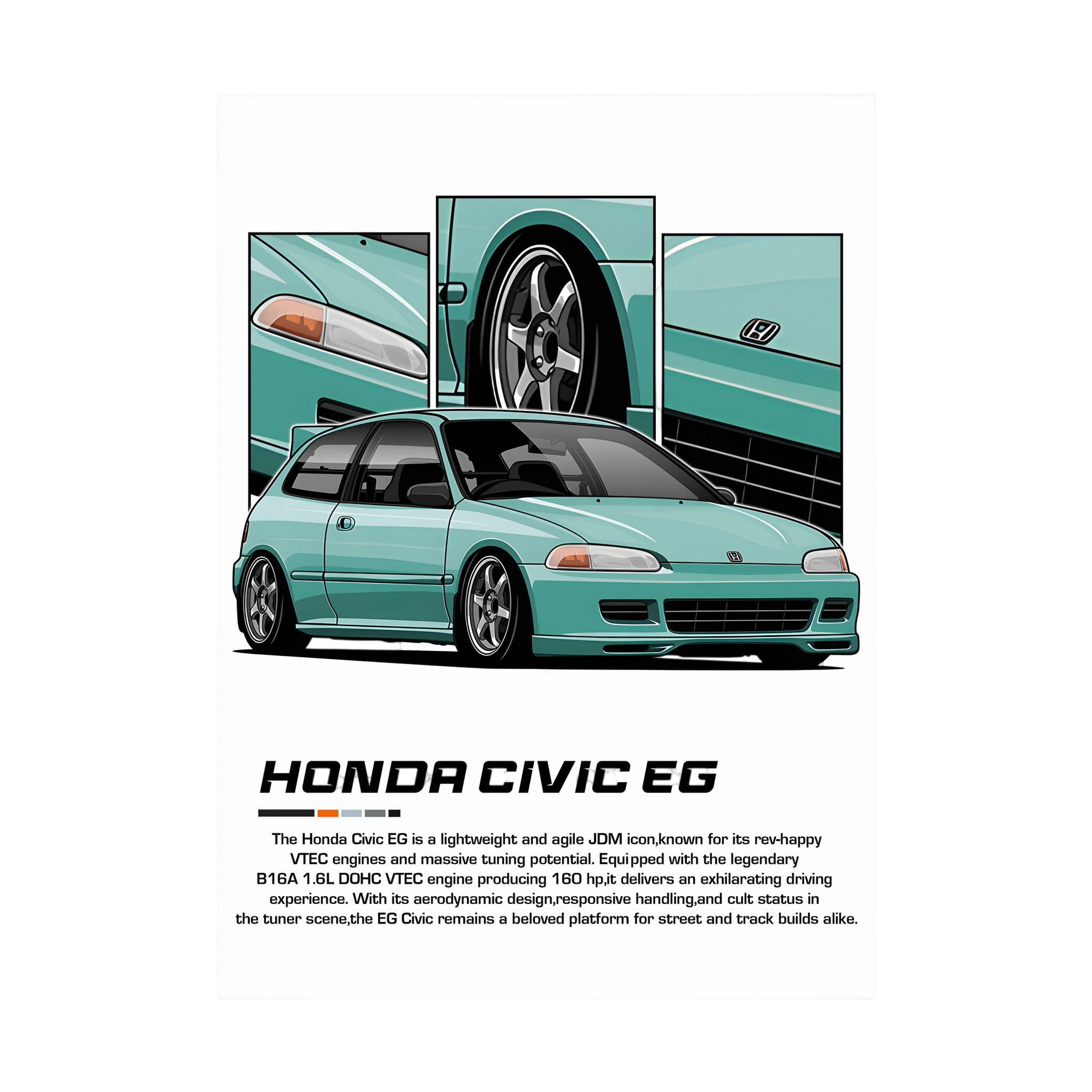 Mint green Honda Civic EG illustration with close-up wheel, headlight and body panels.