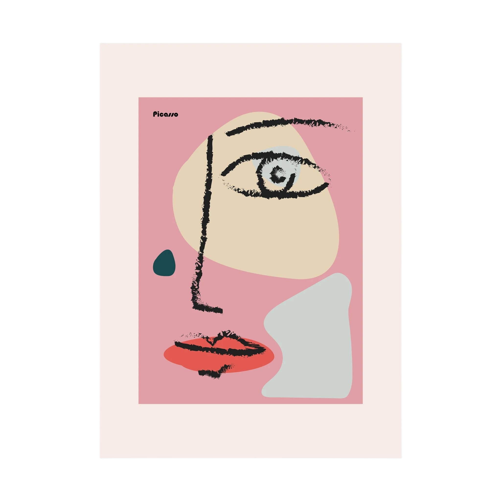Black brush lines define one eye and red lips against blush pink, cream, pale blue and teal shapes.