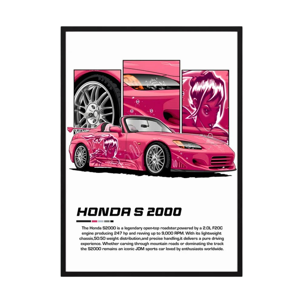 Pink Honda S2000 roadster illustration with character graphics and close-up panels.