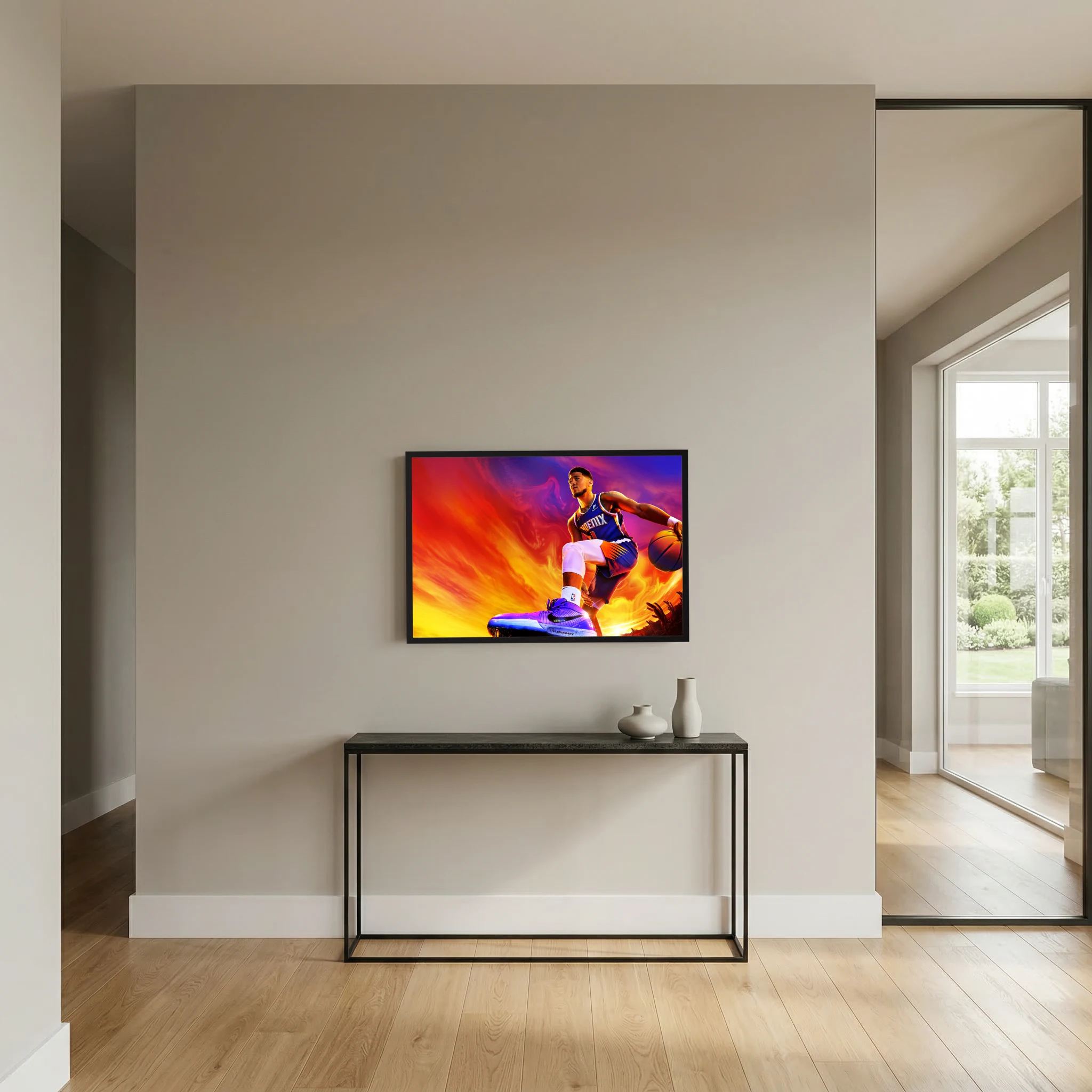 Devin Booker drives with a basketball against an intense orange, purple and blue background, shown in product view 8.