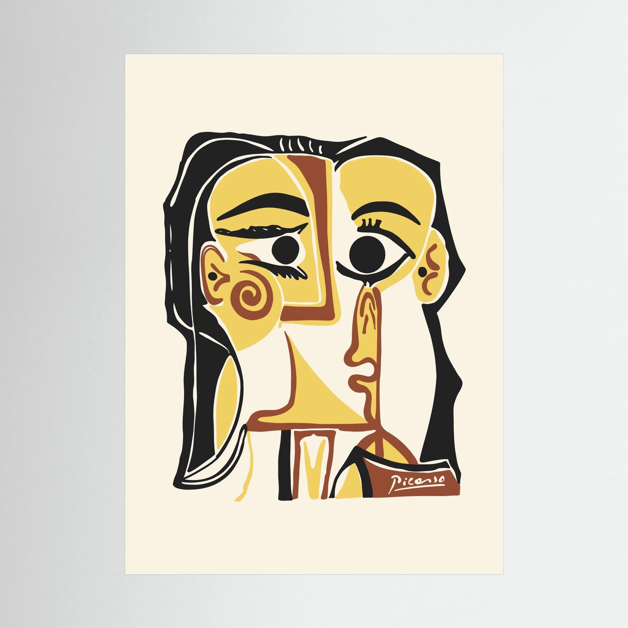 Stylised cubist portrait in golden yellow, cream, brown and black with oversized expressive eyes, shown in product view 5.