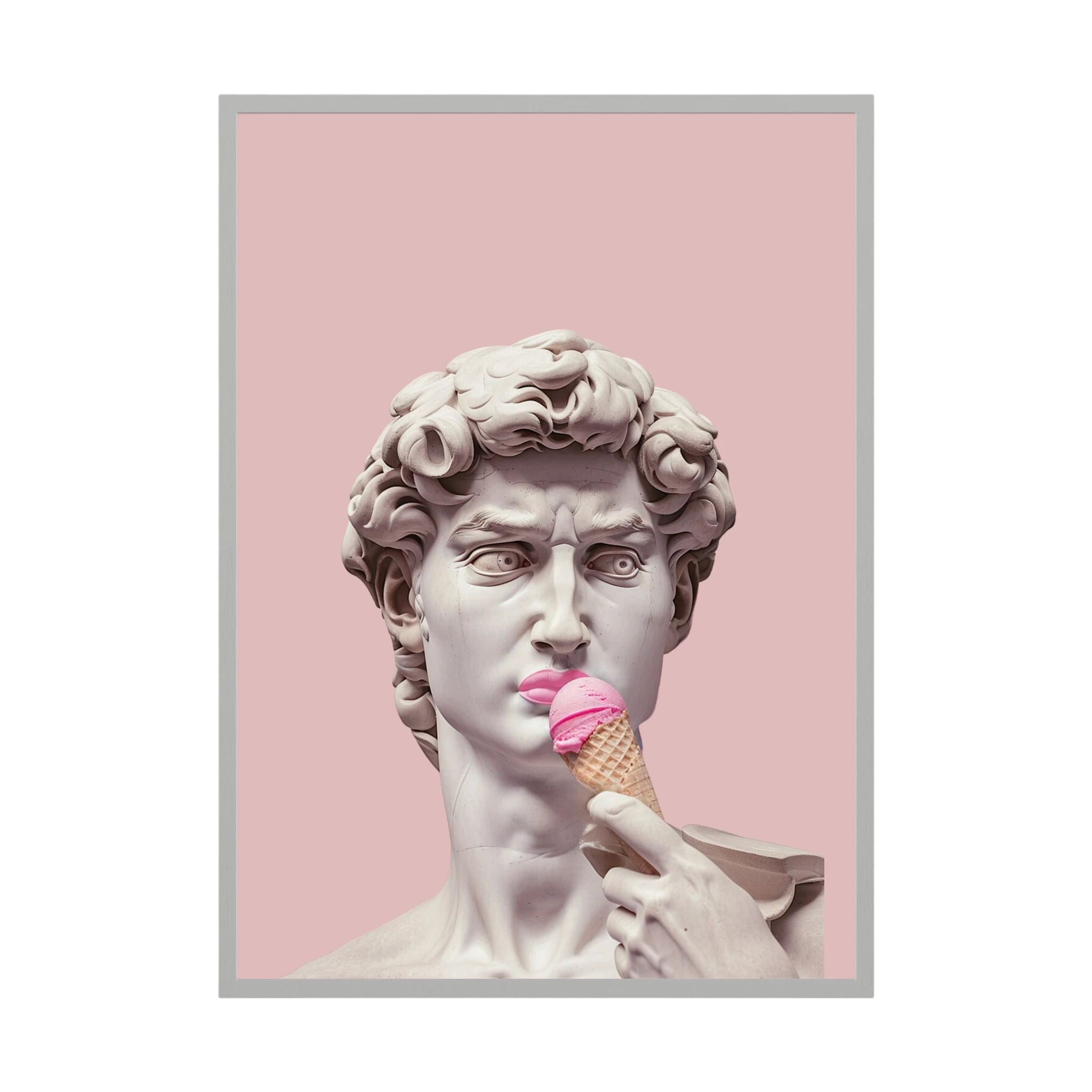 Classical David bust holding a pink ice cream cone against a soft pink background.
