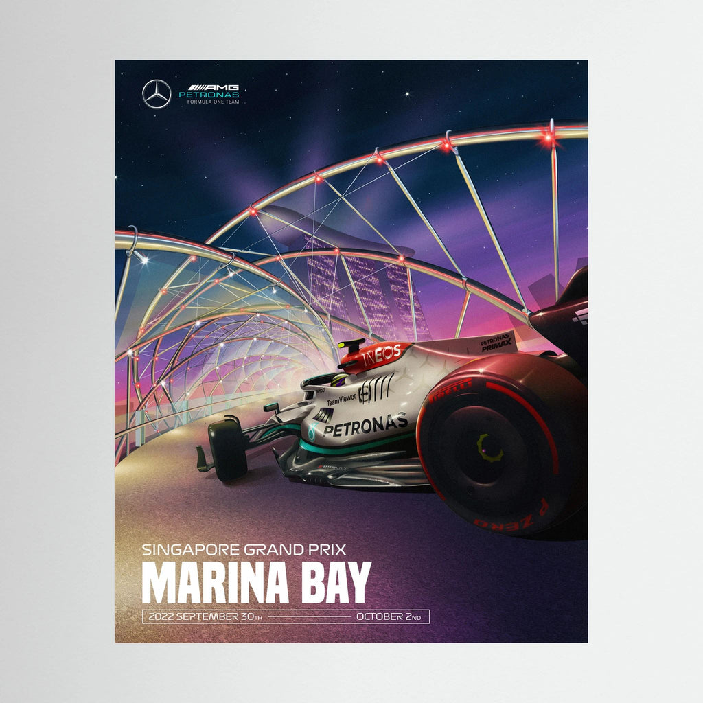 Mercedes Formula One car beneath illuminated Marina Bay architecture at the Singapore Grand Prix.