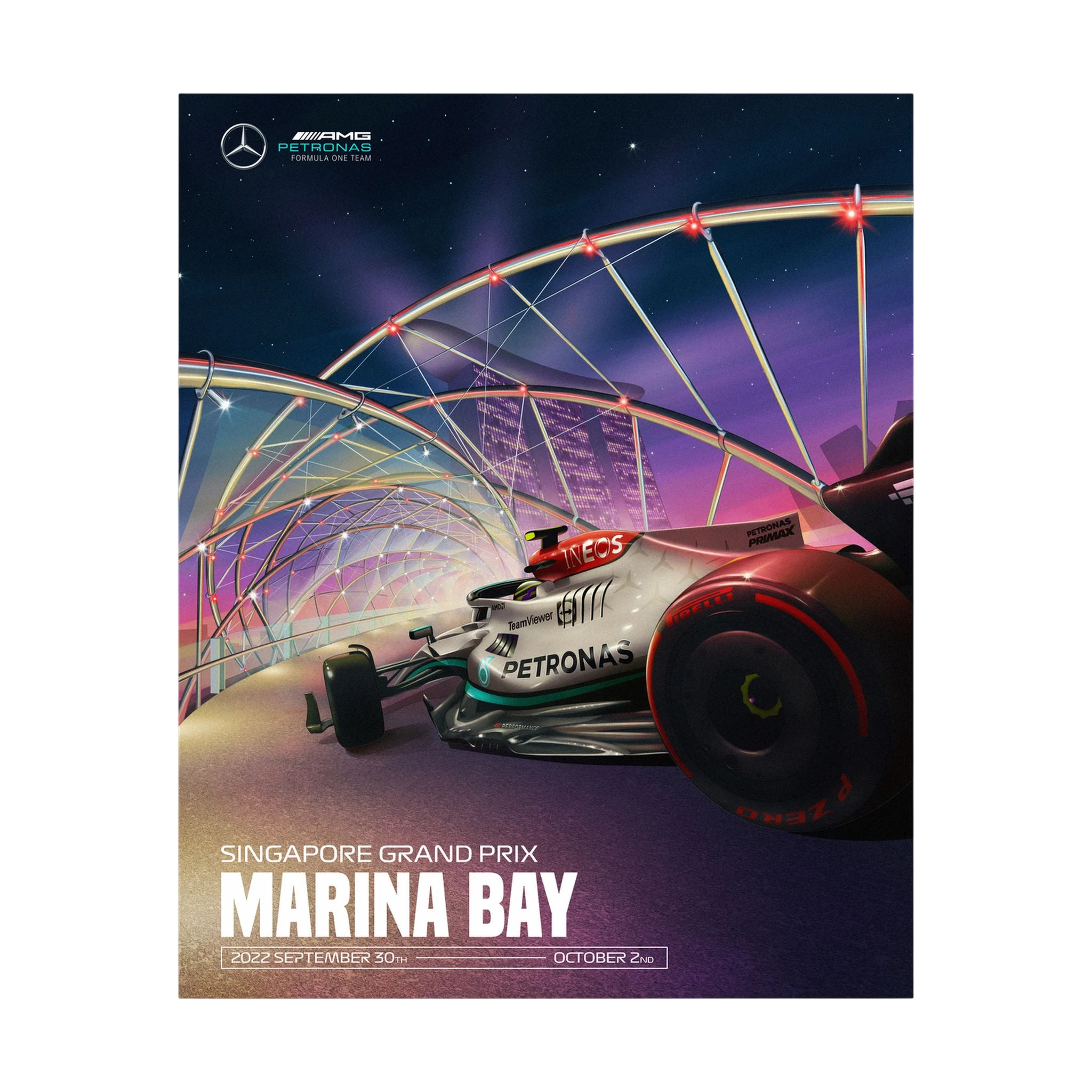 Mercedes Formula One car beneath illuminated Marina Bay architecture at the Singapore Grand Prix.