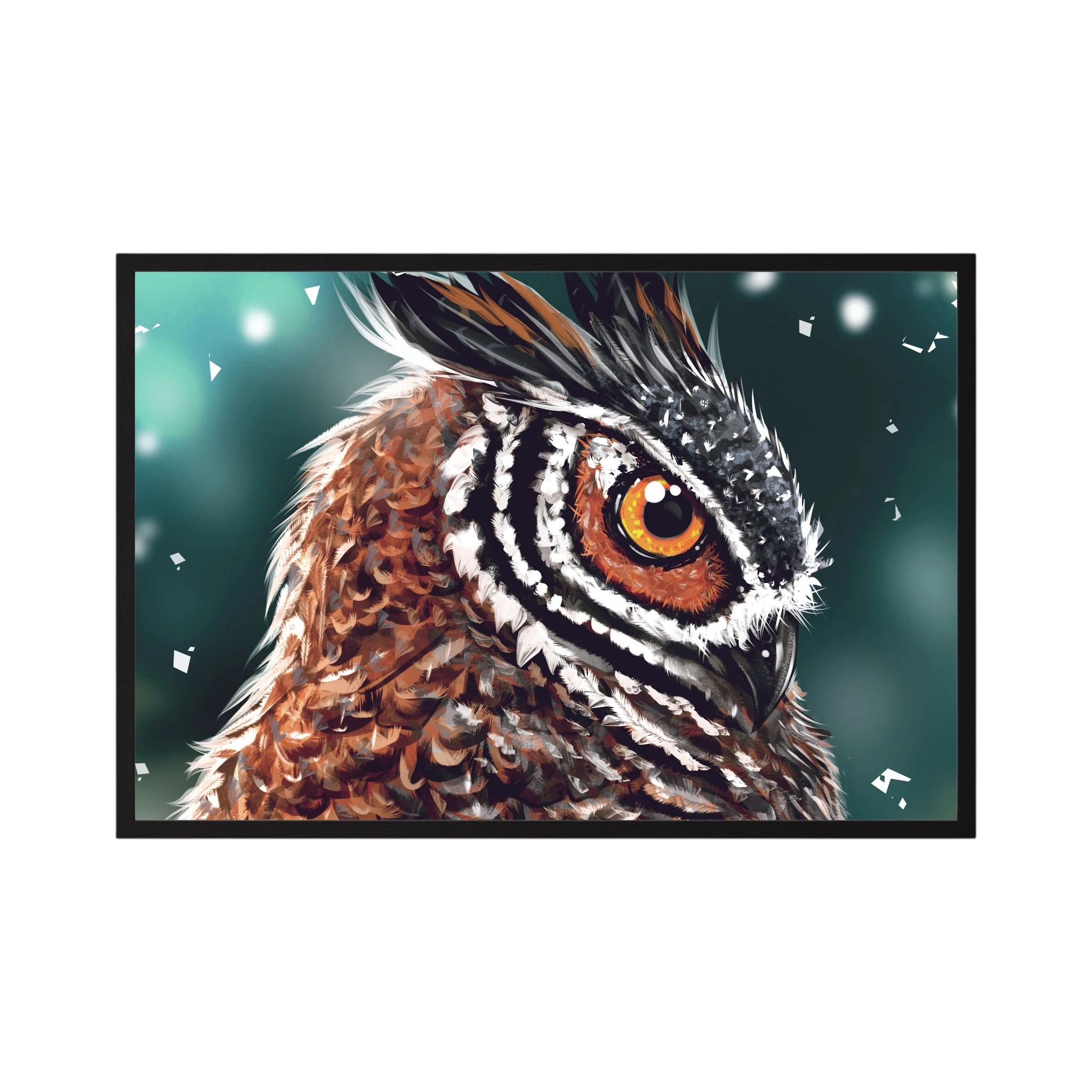 Close-up owl portrait with a bright amber eye and layered brown feathers.
