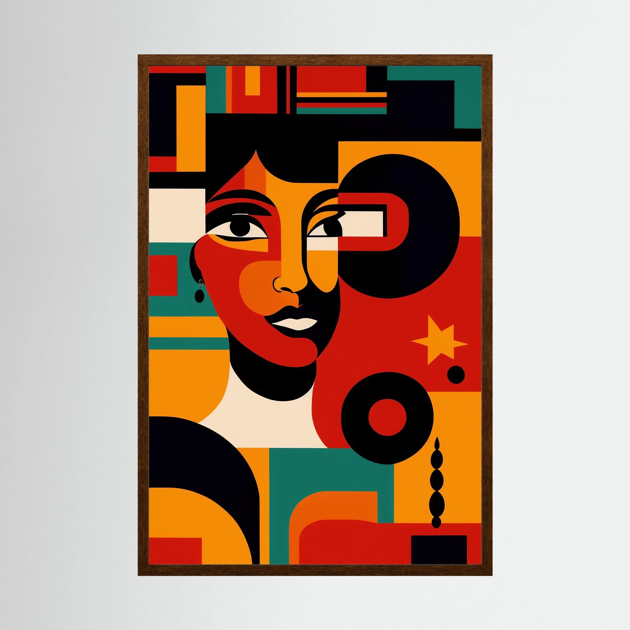 Cubist-inspired seated woman in a patterned dress set against a blue wall and delicate white flowers, shown in product view 4.