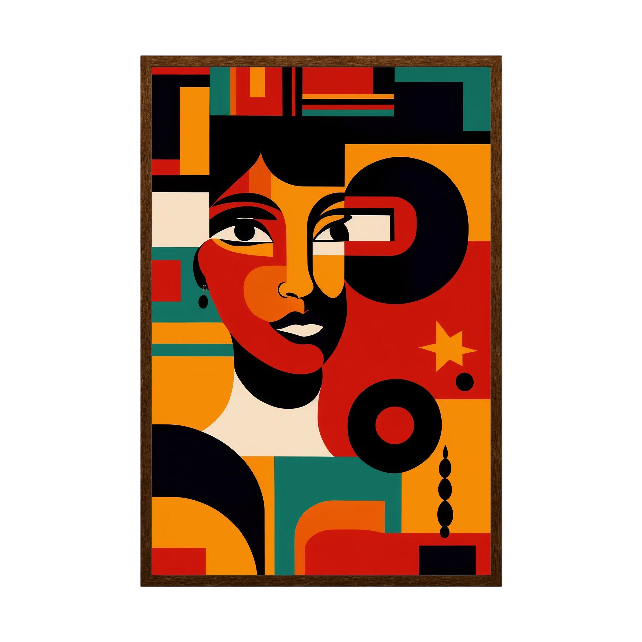 Cubist-inspired seated woman in a patterned dress set against a blue wall and delicate white flowers, shown in product view 4.