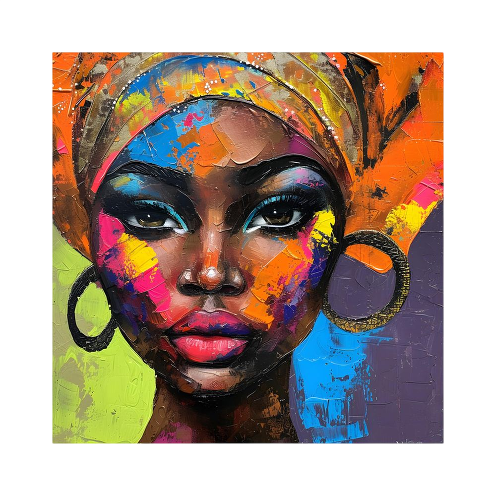 Vibrant painted portrait of Black woman in headwrap and hoop earrings.