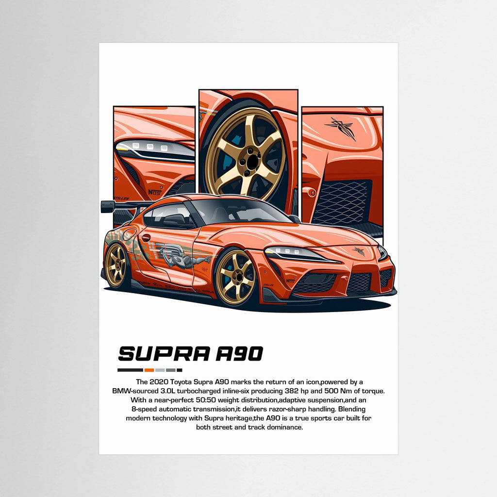 Copper-orange Toyota Supra A90 illustration with gold wheels and close-up body panels.