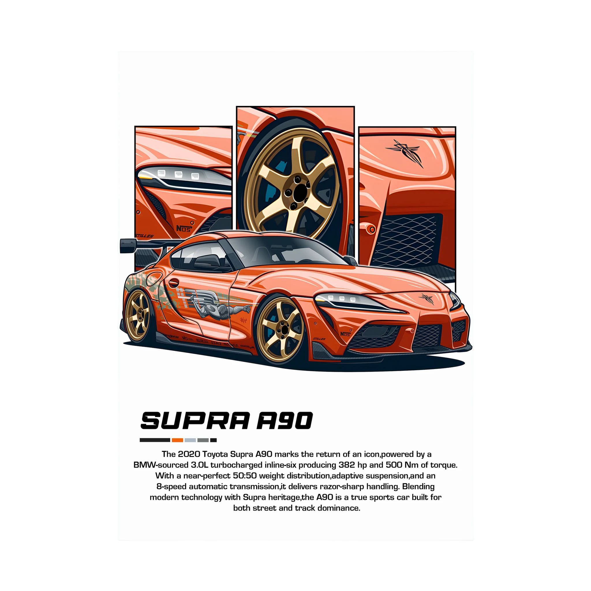 Copper-orange Toyota Supra A90 illustration with gold wheels and close-up body panels.