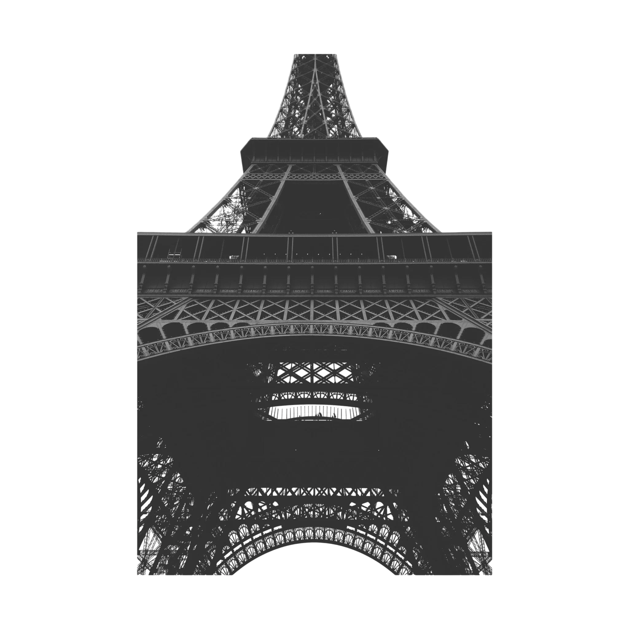 Black and white view looking upward through the iron structure of the Eiffel Tower.
