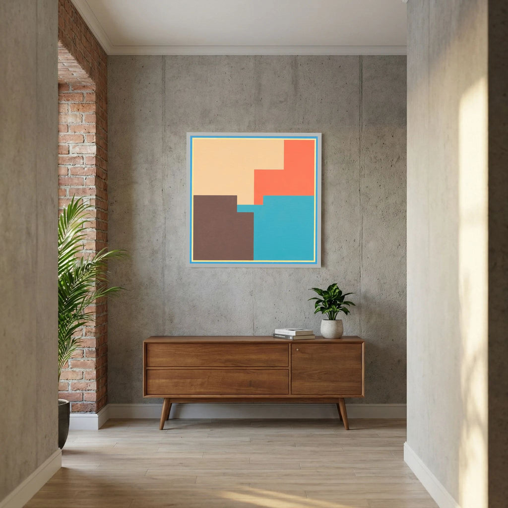Coral, turquoise, brown and cream blocks overlap within a crisp geometric border, shown in product view 7.