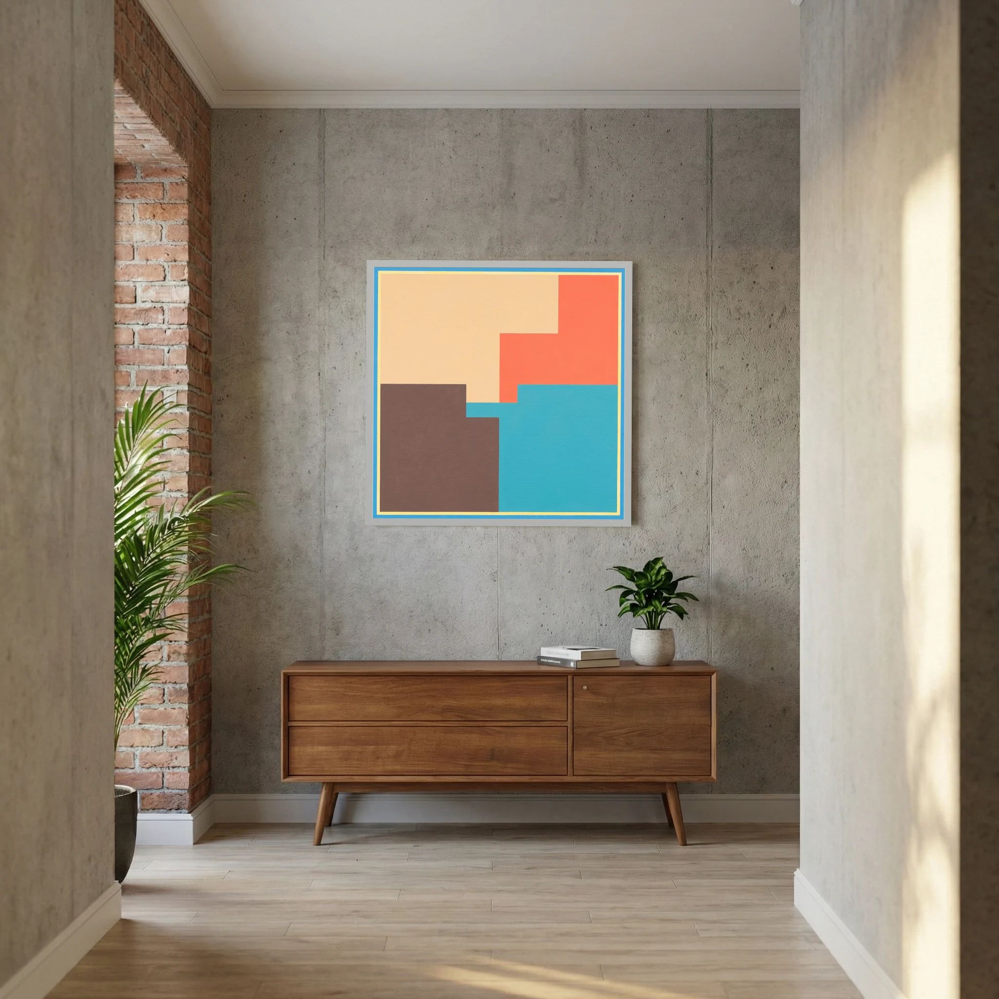 Coral, turquoise, brown and cream blocks overlap within a crisp geometric border, shown in product view 7.