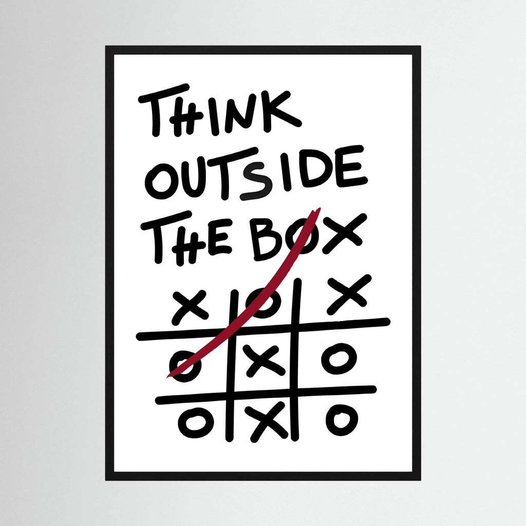 Hand-drawn think outside the box quote above a noughts-and-crosses grid with a red winning line, shown in product view 4.