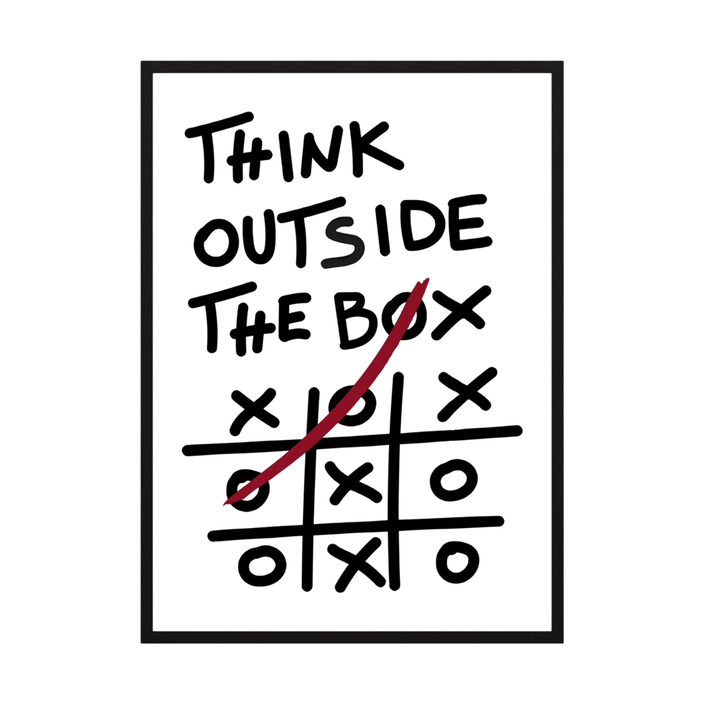 Hand-drawn think outside the box quote above a noughts-and-crosses grid with a red winning line, shown in product view 4.