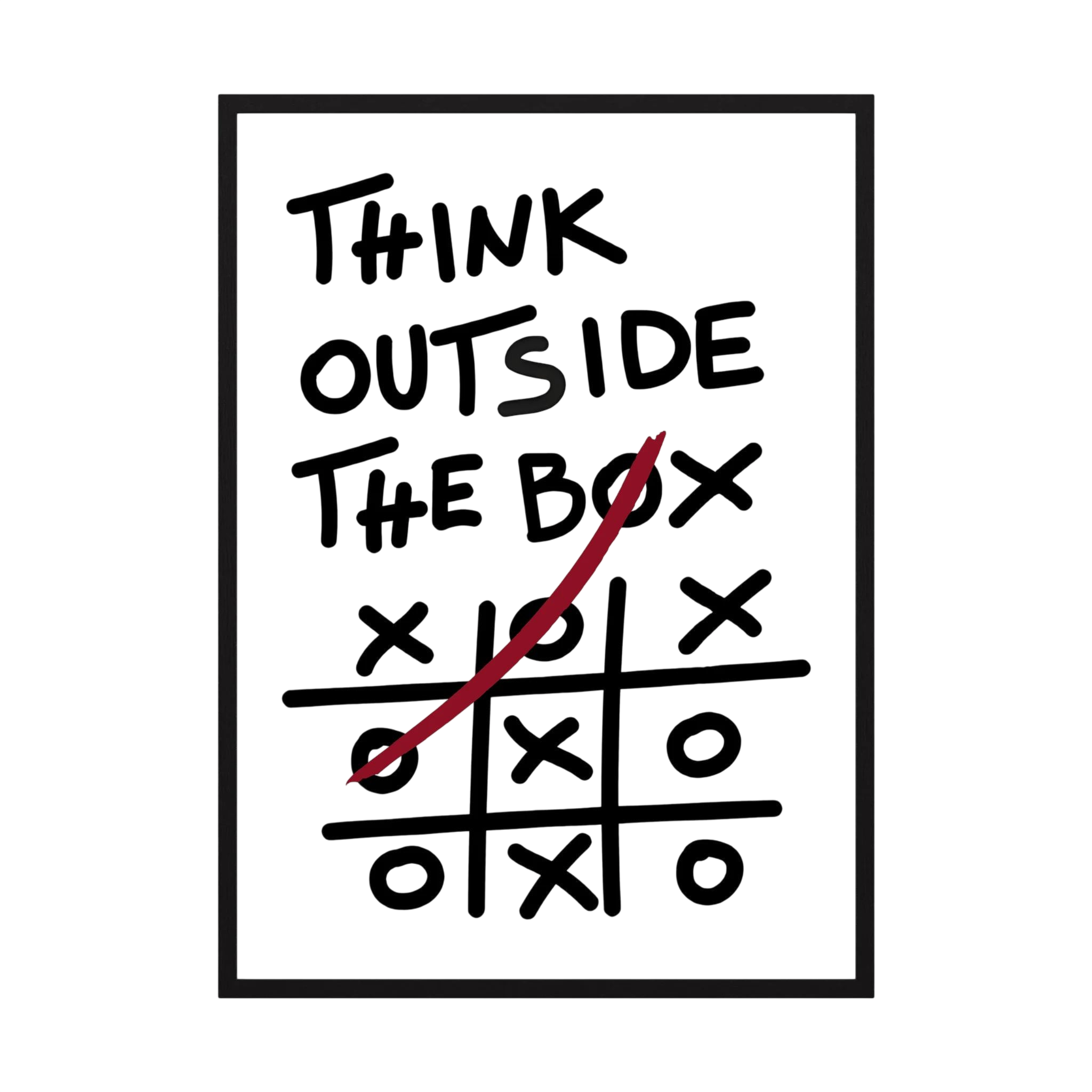 Hand-drawn think outside the box quote above a noughts-and-crosses grid with a red winning line, shown in product view 4.