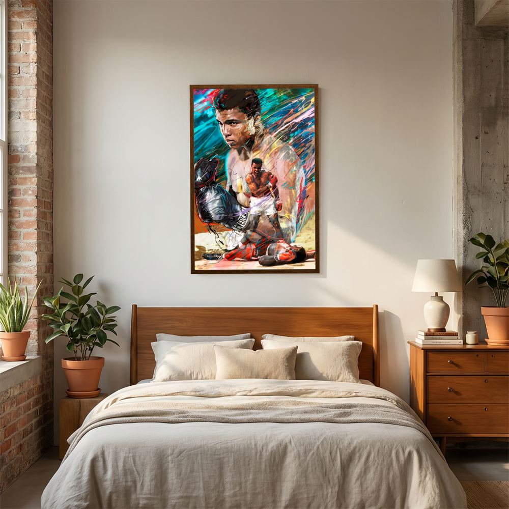 Alternative size view of colourful boxing portrait with layered ringside action, shown in a black wooden frame.
