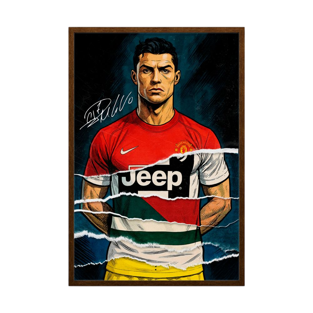 Red football portrait with club and national colour layers, shown in a black wooden frame.