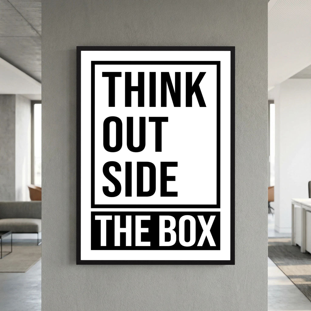 Bold black typography stacks the words think outside the box within and beyond a rectangular frame, shown in product view 8.