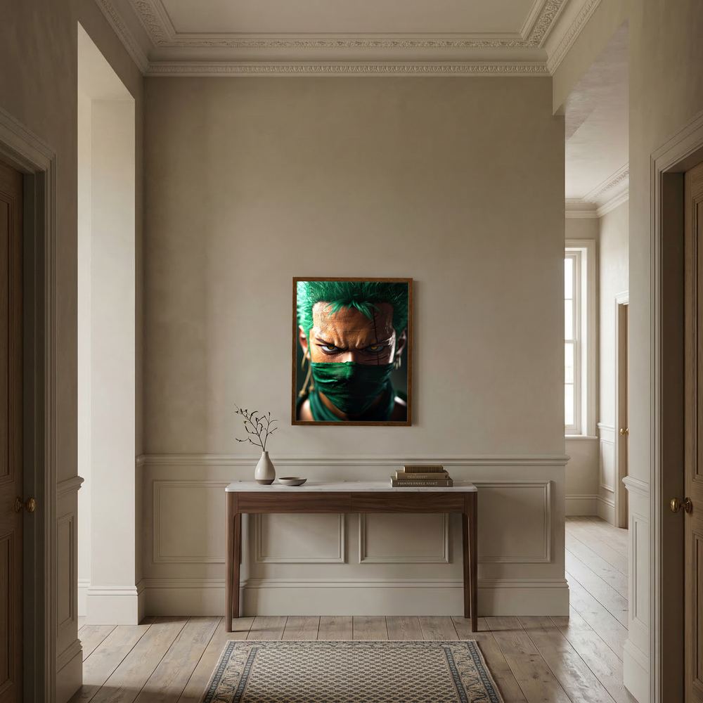 Emerald Focus green anime swordsman portrait print, product view 6.