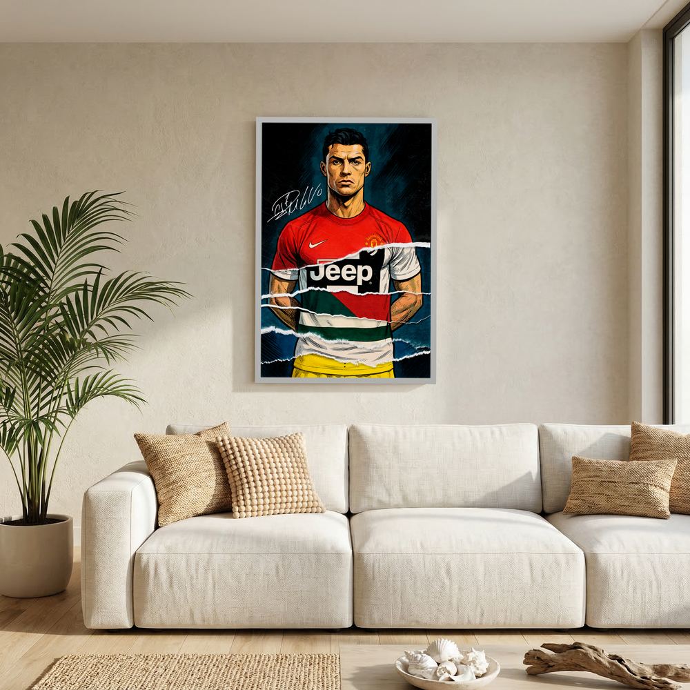 Alternative size view of red football portrait with club and national colour layers, shown in a white wooden frame.