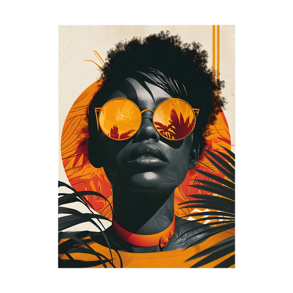 Black woman in reflective orange sunglasses framed by tropical leaves.