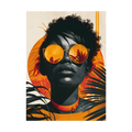Black woman in reflective orange sunglasses framed by tropical leaves.