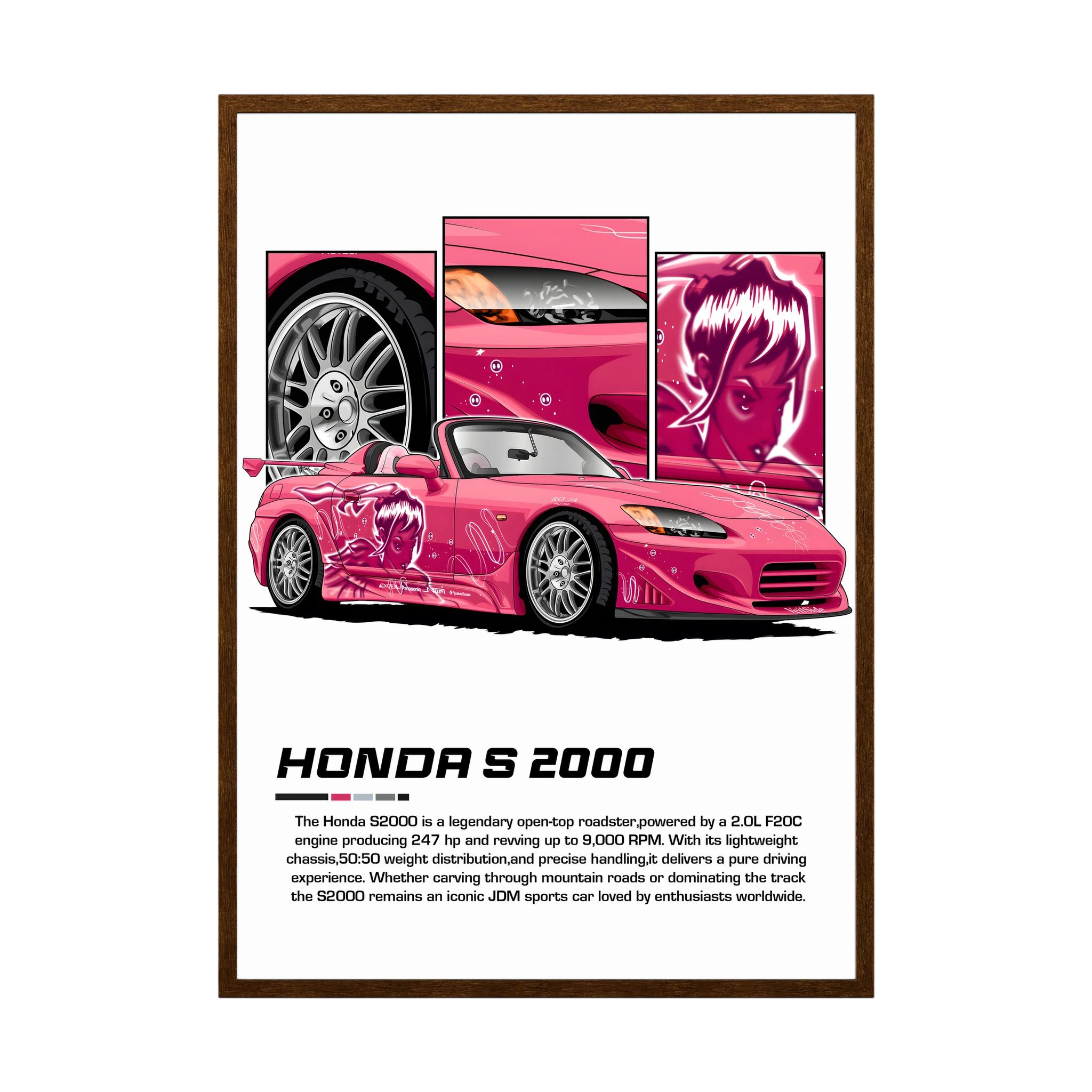 Pink Honda S2000 roadster illustration with character graphics and close-up panels.
