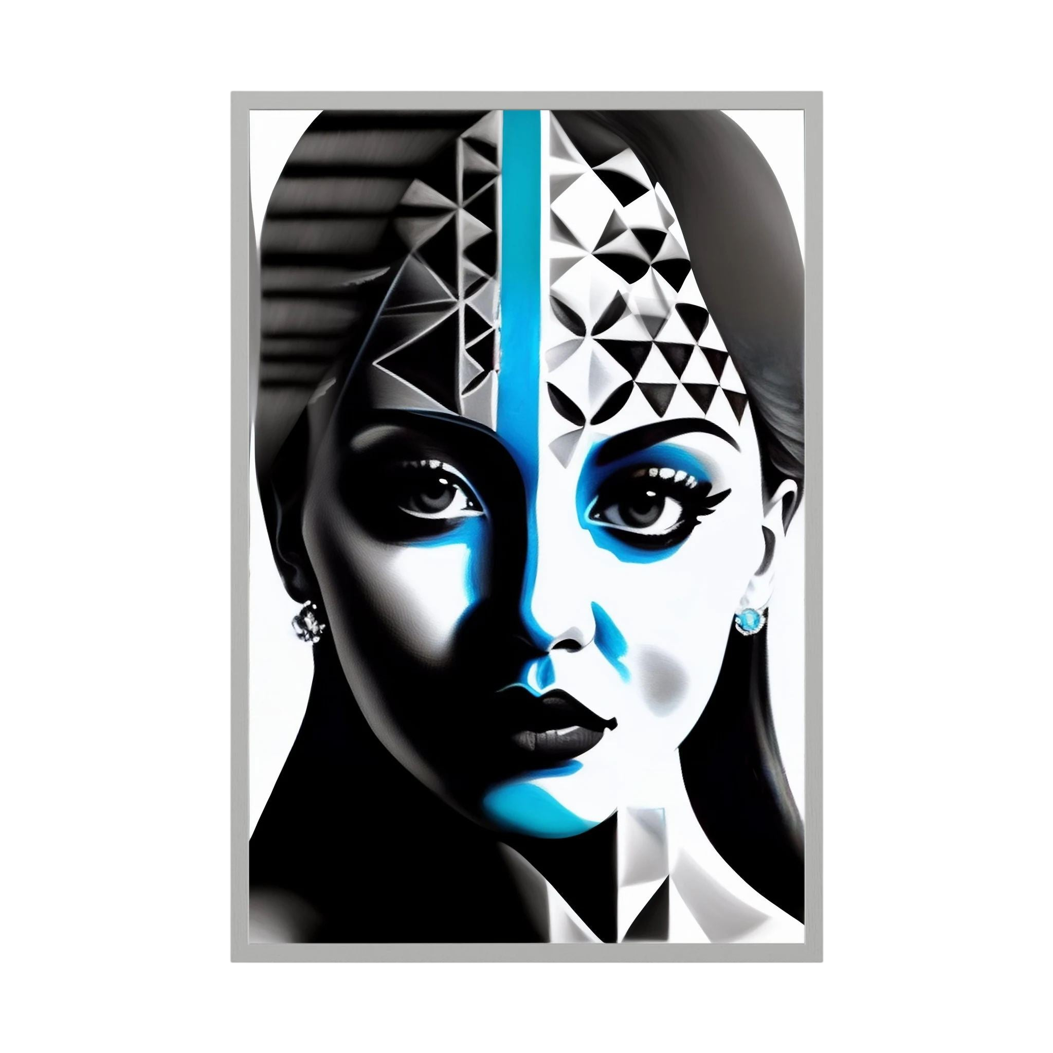 Stylised female face divided into black and white planes with cool blue accents and geometric details.