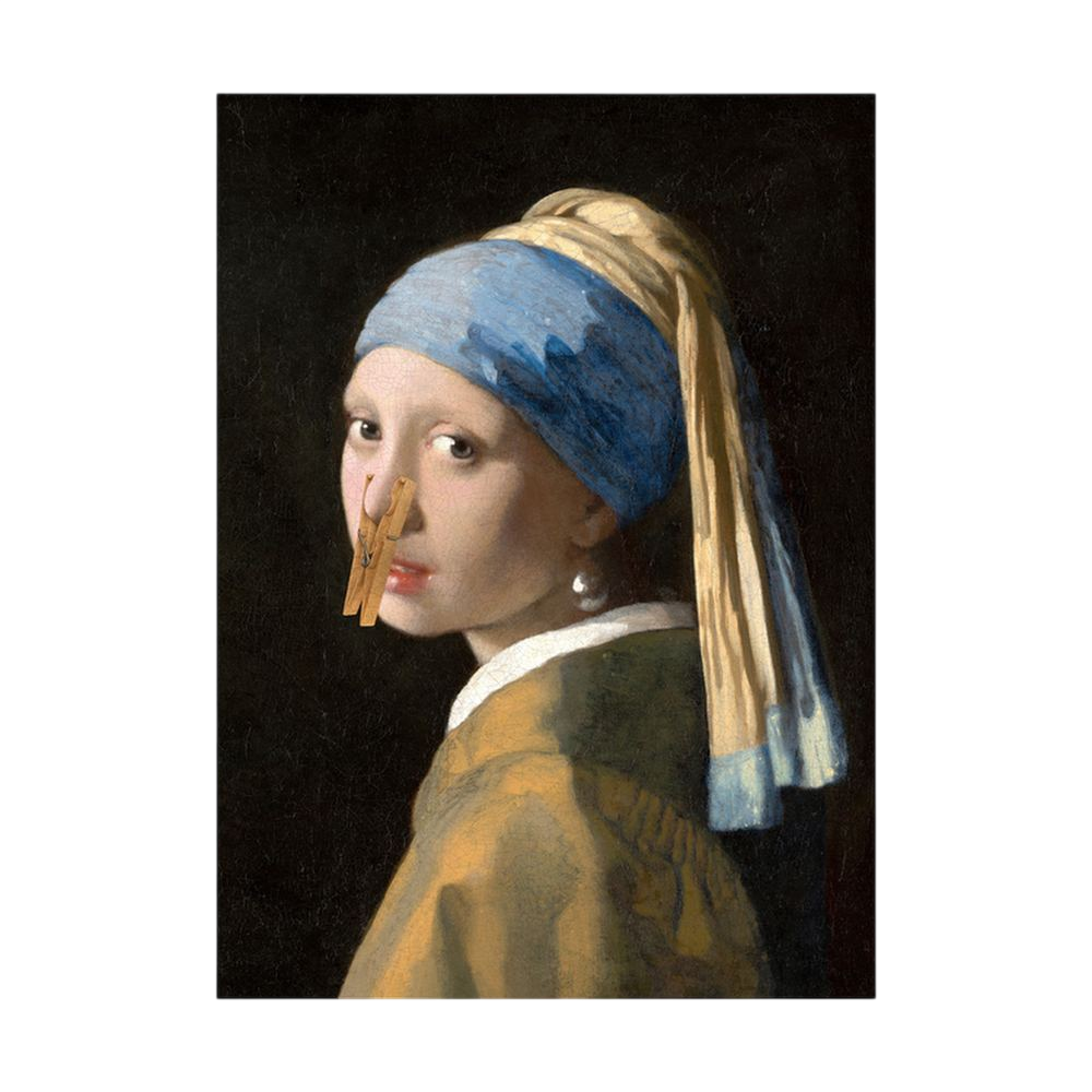 Girl with a Pearl Earring parody with a clothes peg on her nose.