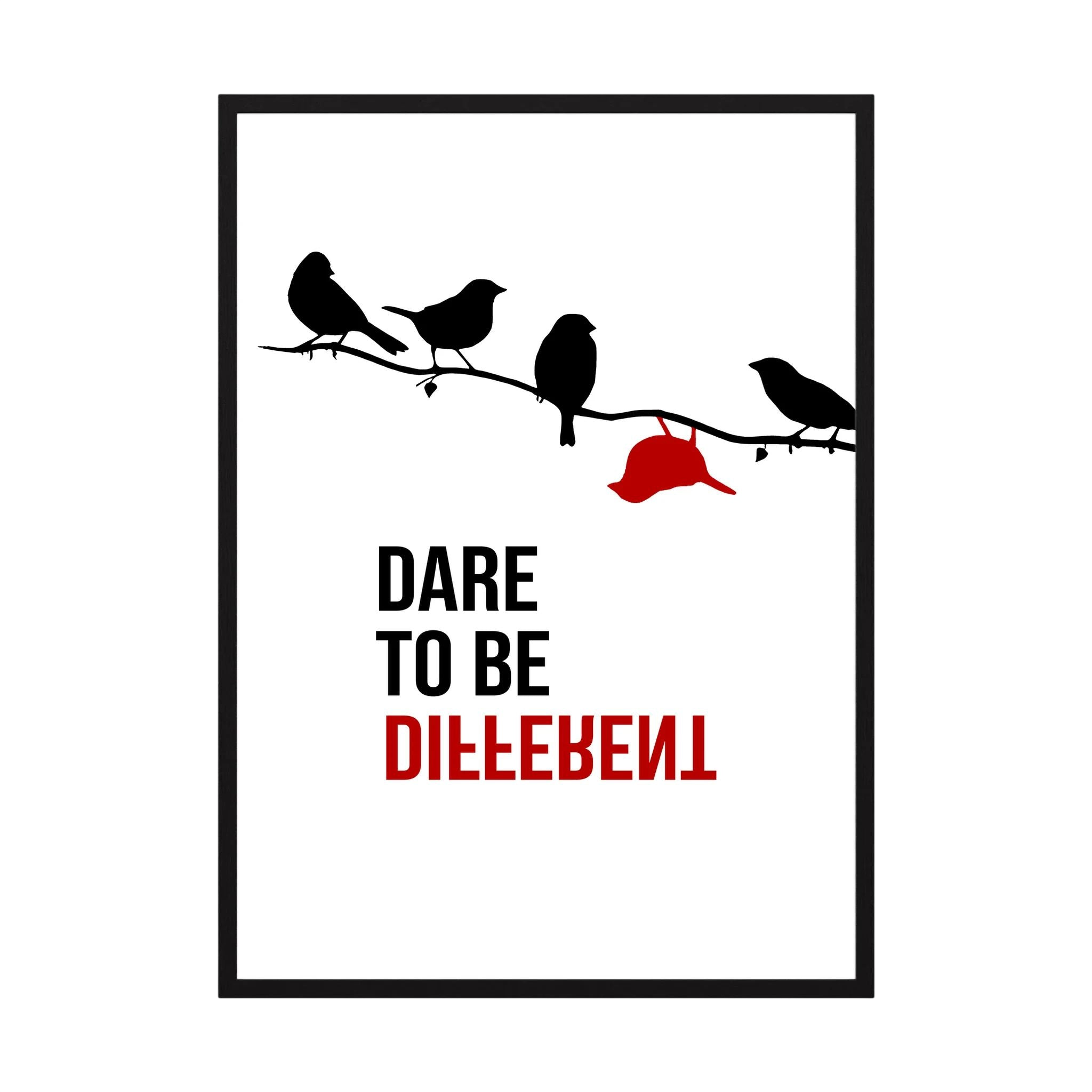 Black birds sit on a branch above dare to be different typography, with one red bird hanging apart, shown in product view 4.