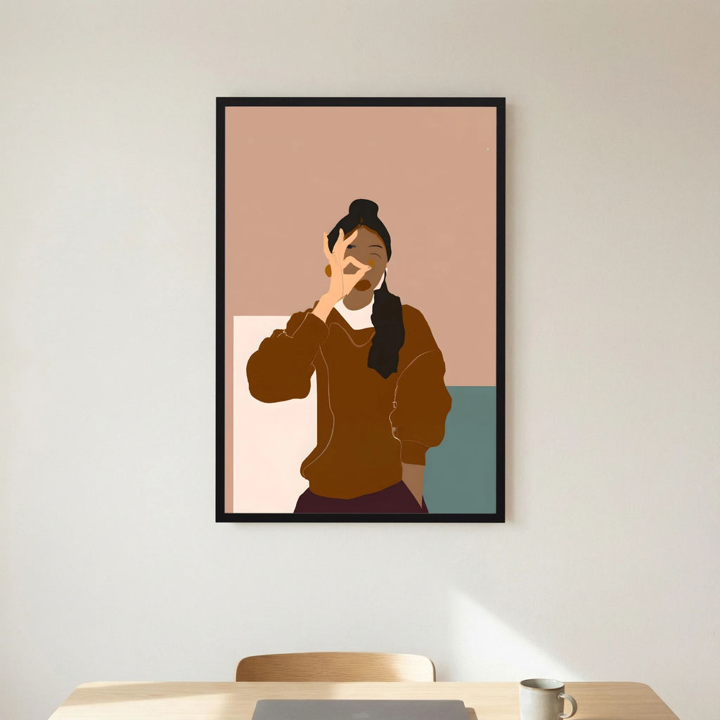 Minimalist woman in warm brown tones making an OK gesture against blush and muted teal blocks, shown in product view 8.