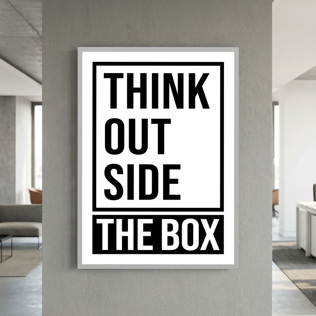 Bold black typography stacks the words think outside the box within and beyond a rectangular frame, shown in product view 7.