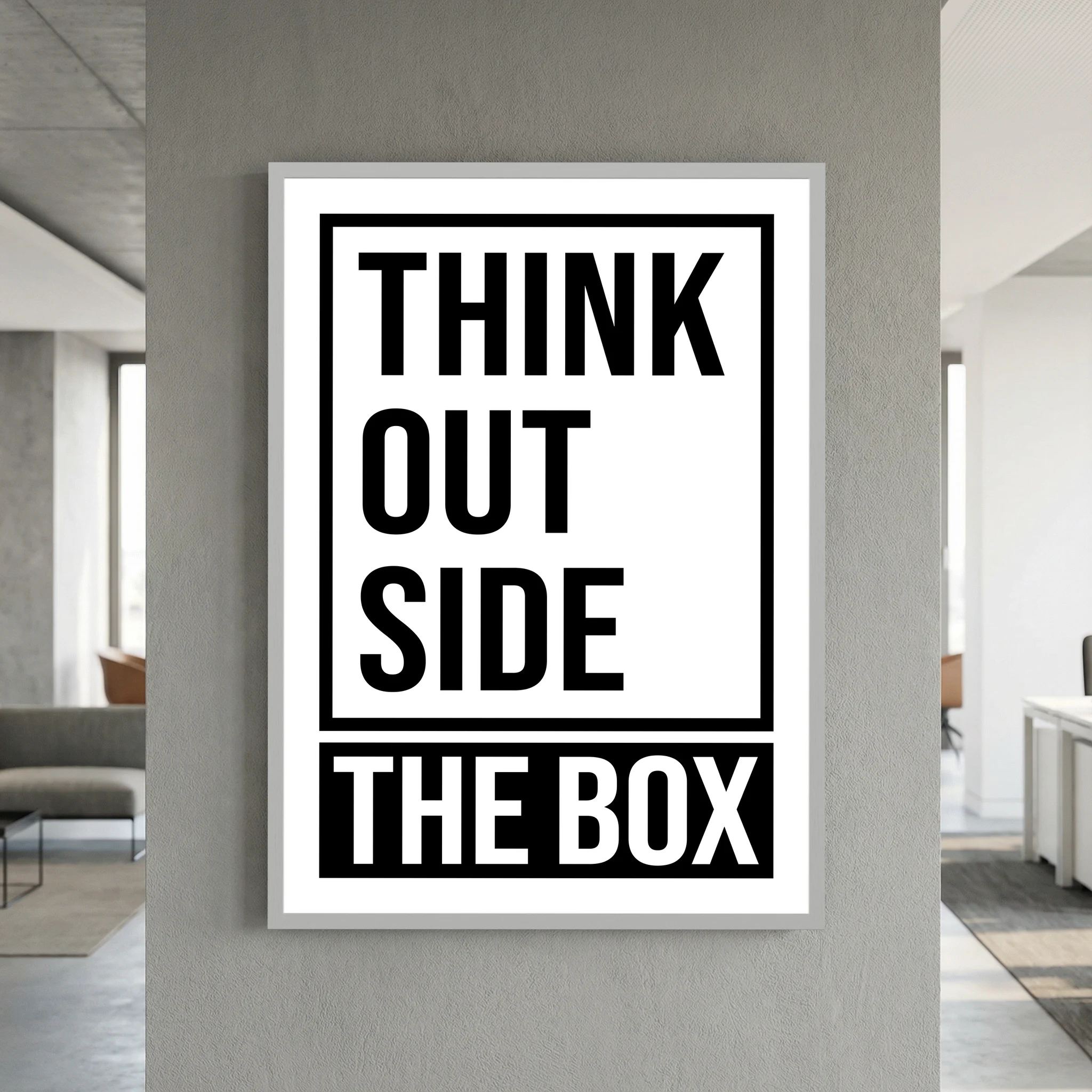 Bold black typography stacks the words think outside the box within and beyond a rectangular frame, shown in product view 7.