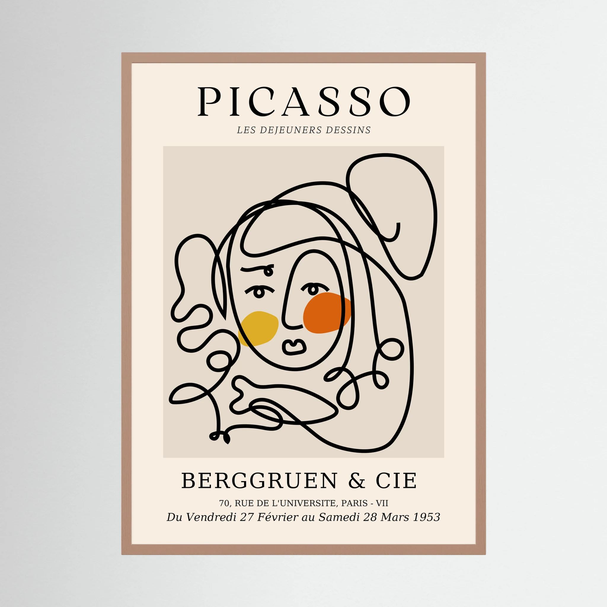Loose black contour lines form a woman's face with warm yellow and orange circular accents, shown in product view 2.