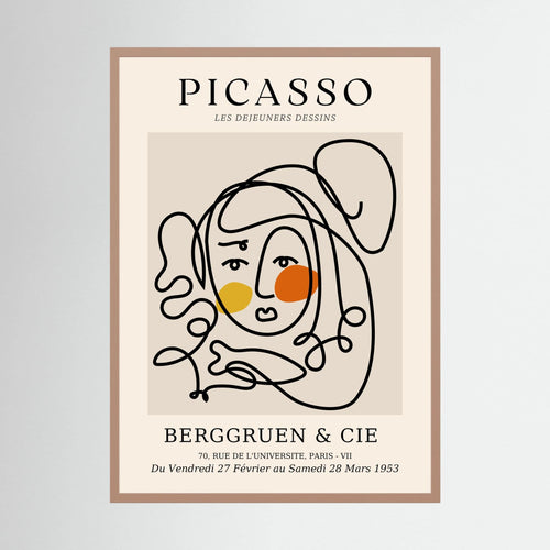 Loose black contour lines form a woman's face with warm yellow and orange circular accents, shown in product view 2.