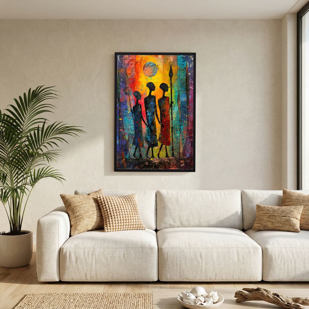 Sunlit Guardians colourful African figurative art print, product view 7.