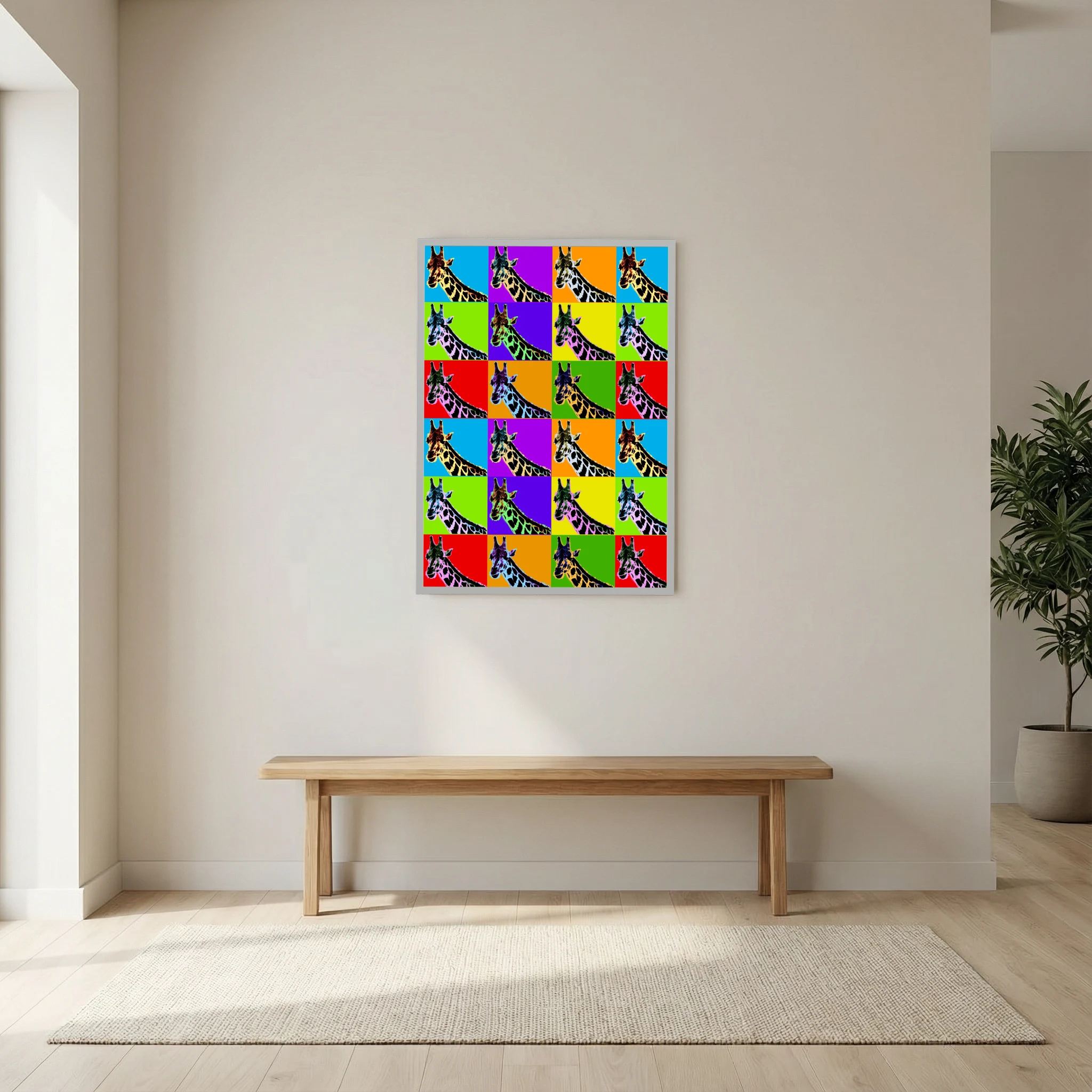 Grid of repeating giraffe portraits set against bright blue, purple, orange, green, yellow and red panels, shown in product view 8.