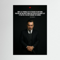 Dark suited male portrait with walk-away quote.