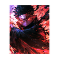 Masked dark-haired anime ninja amid red and violet fragments.