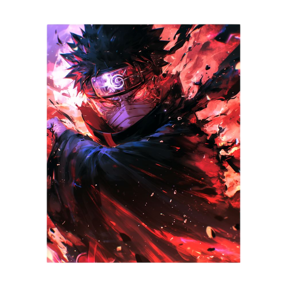 Masked dark-haired anime ninja amid red and violet fragments.