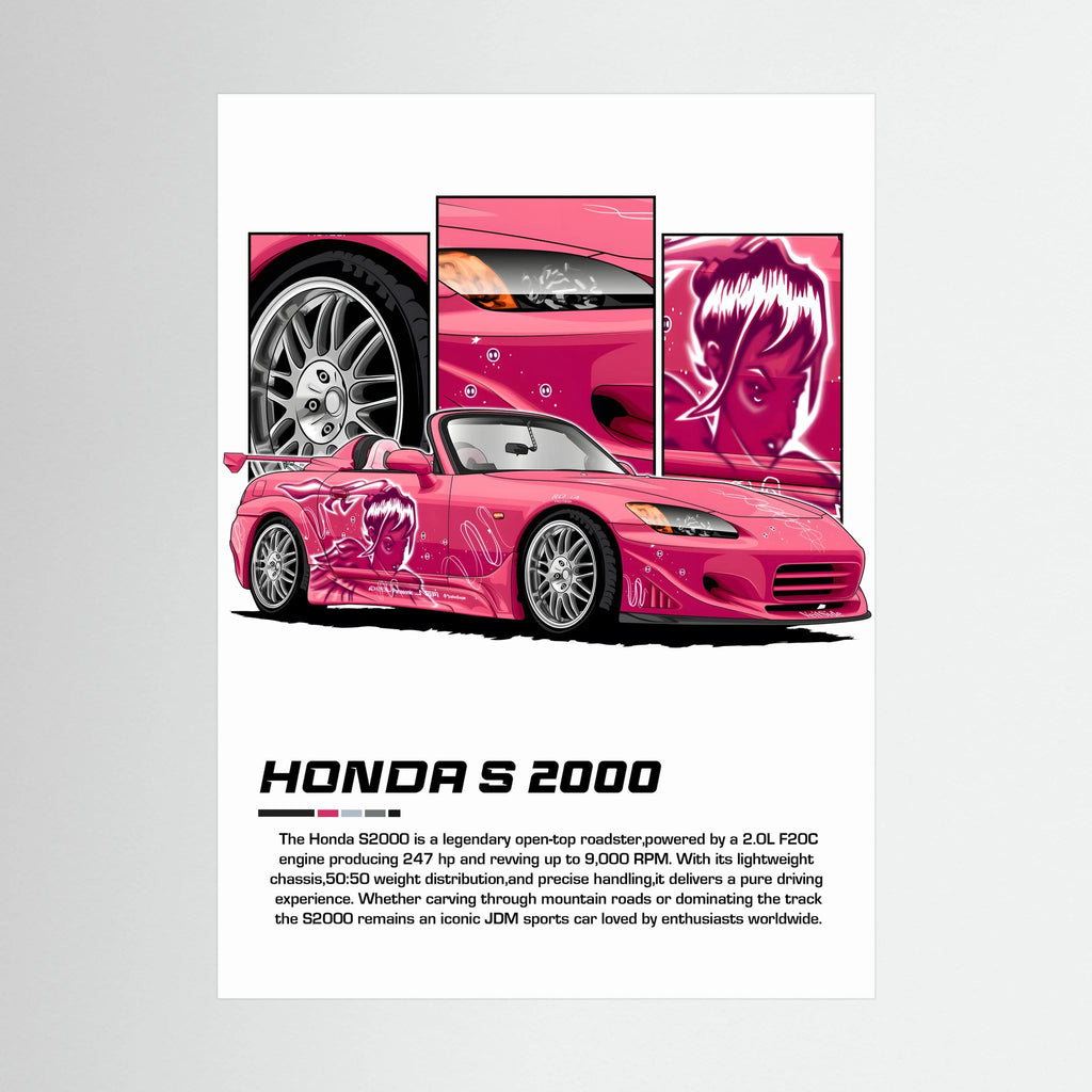 Pink Honda S2000 roadster illustration with character graphics and close-up panels.
