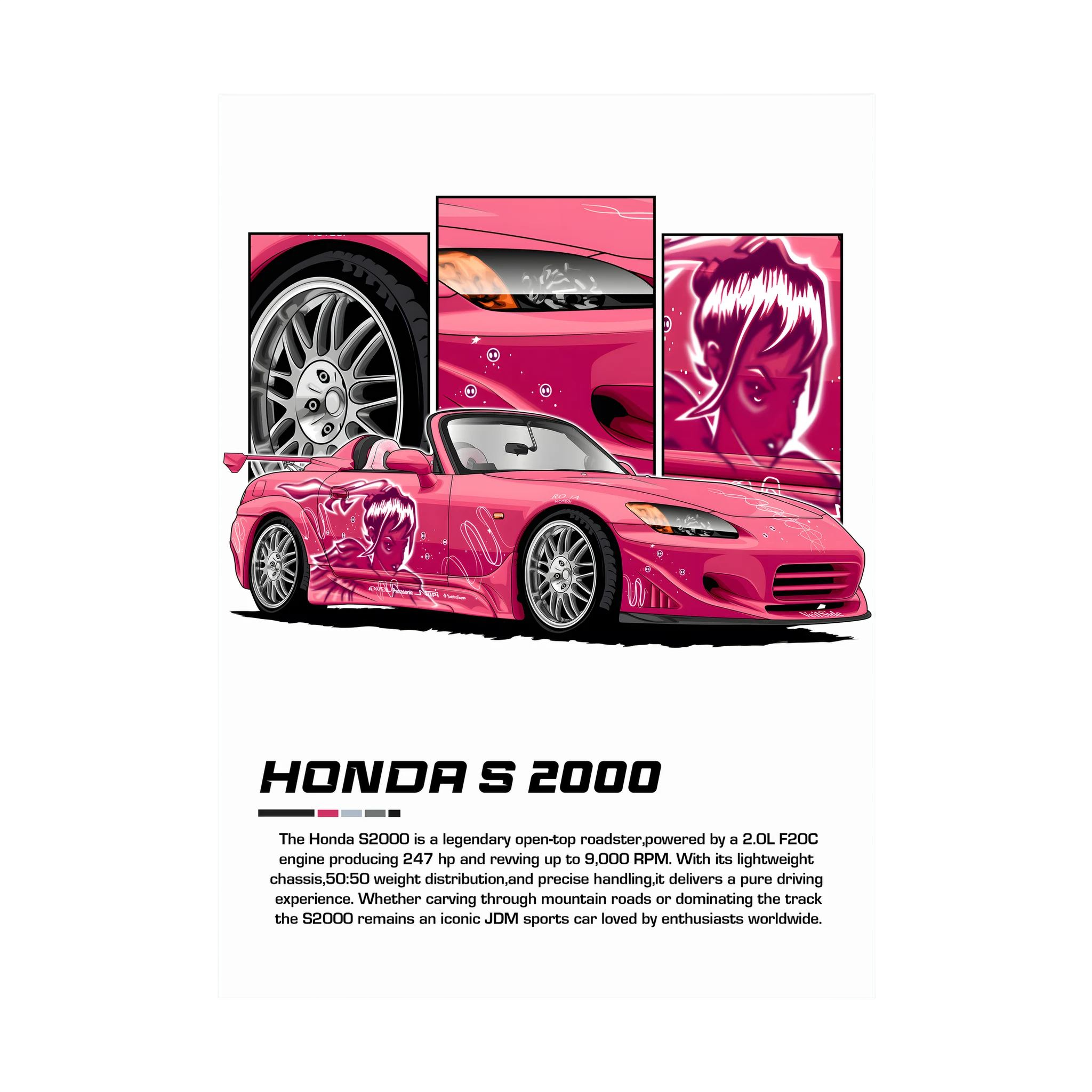 Pink Honda S2000 roadster illustration with character graphics and close-up panels.